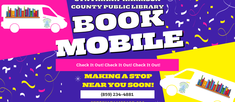 Bright pink, purple and yellow announcement with confetti about the bookmobile making stops near you. No specific stops mentioned